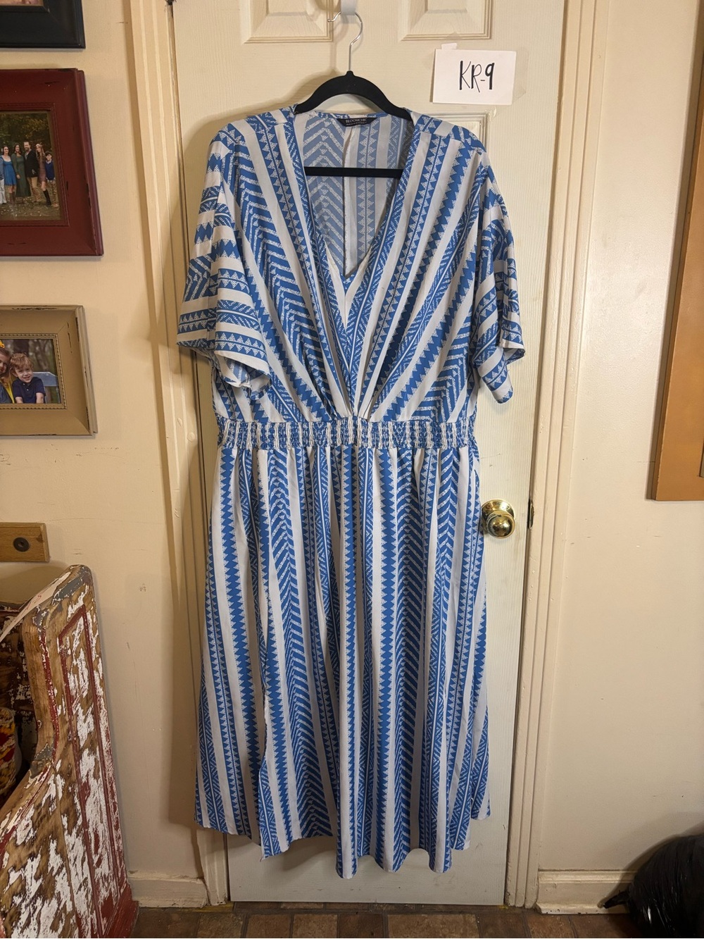 BloomChic Blue & White V-Neck Striped Midi Dress